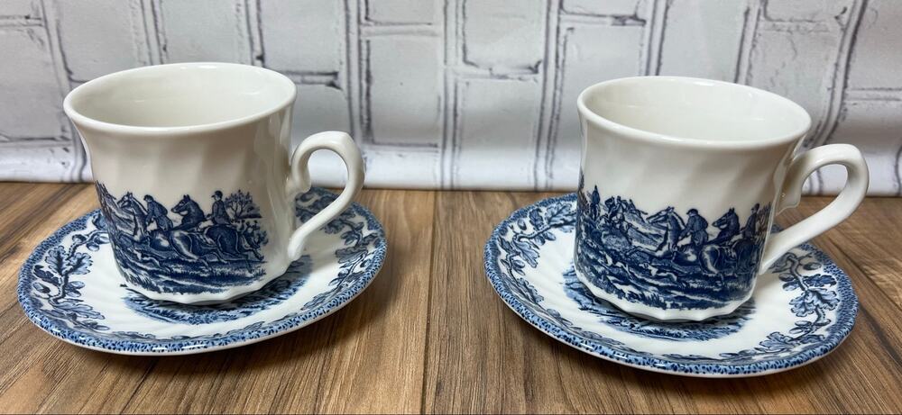 Royal Wessex Fox Hunt Blue Transferware Cup Saucer Set of 2 Made in England